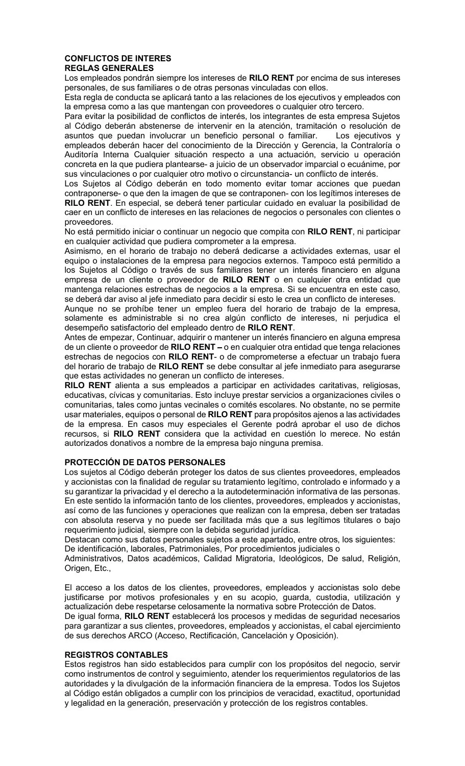Página 3 del Código de Conducta de Rilo Rent